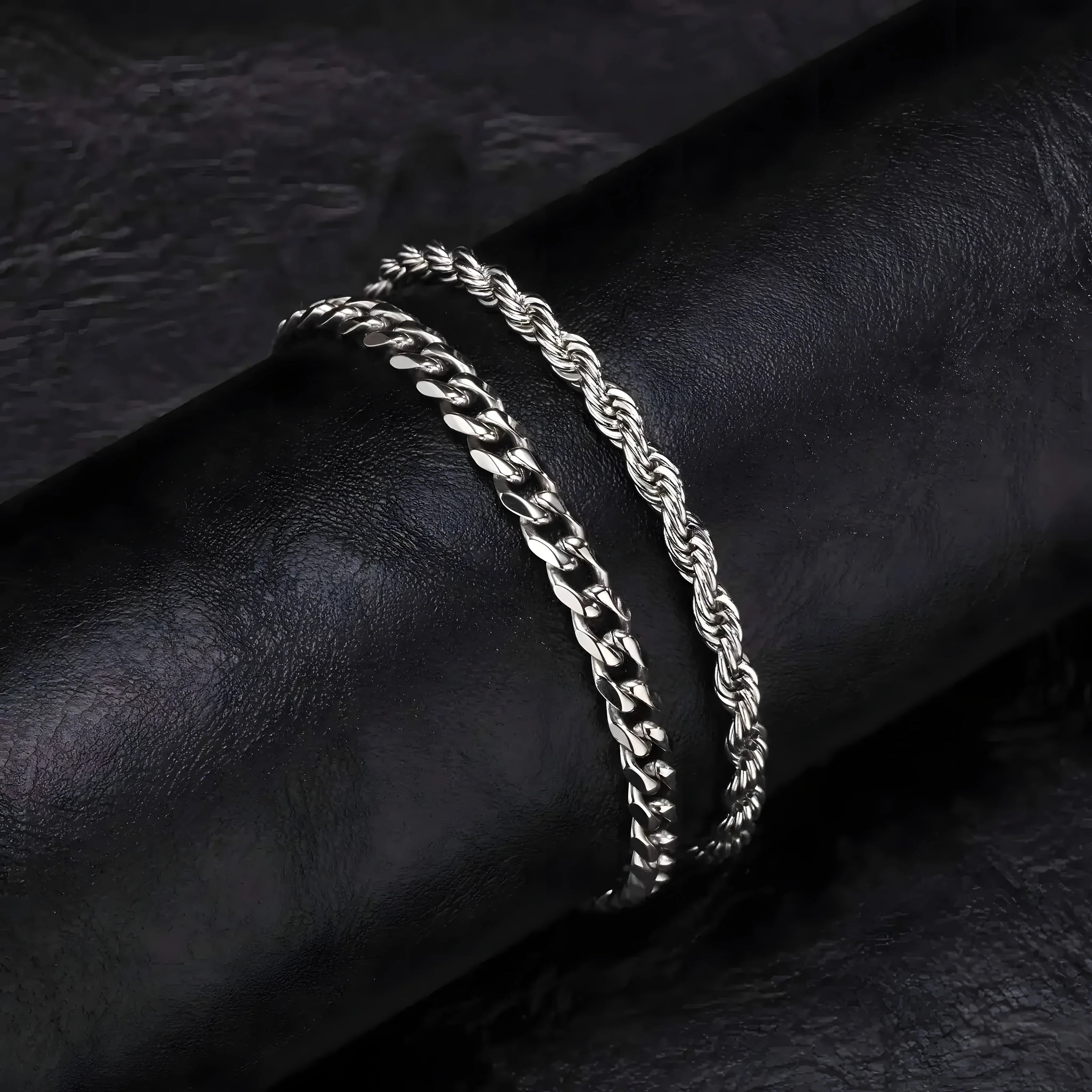 Silver rope and curb chain bracelets, minimalist style, stainless steel, for everyday wear