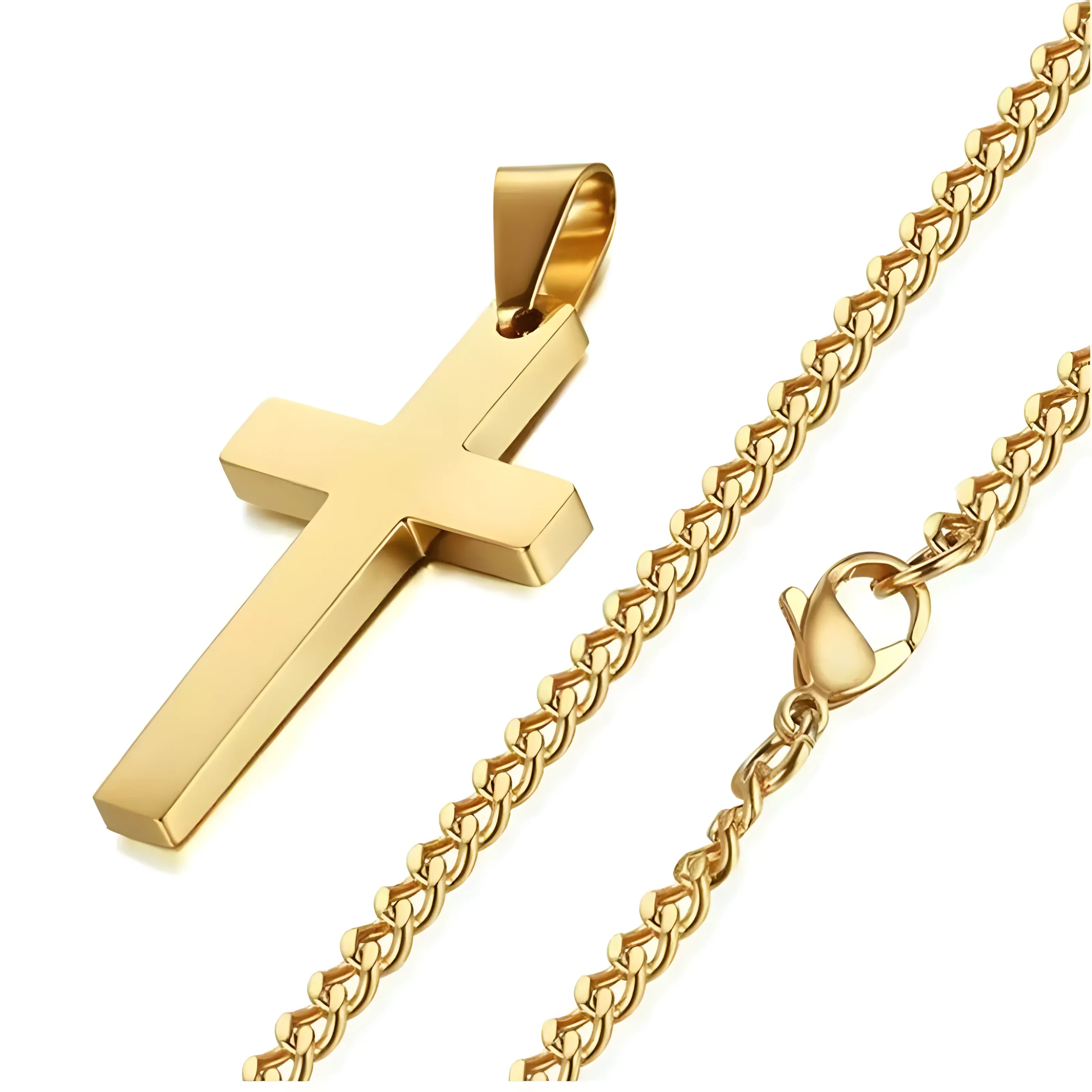 Titan Cross Necklace gold stainless steel cross pendant with curb chain, minimal modern style