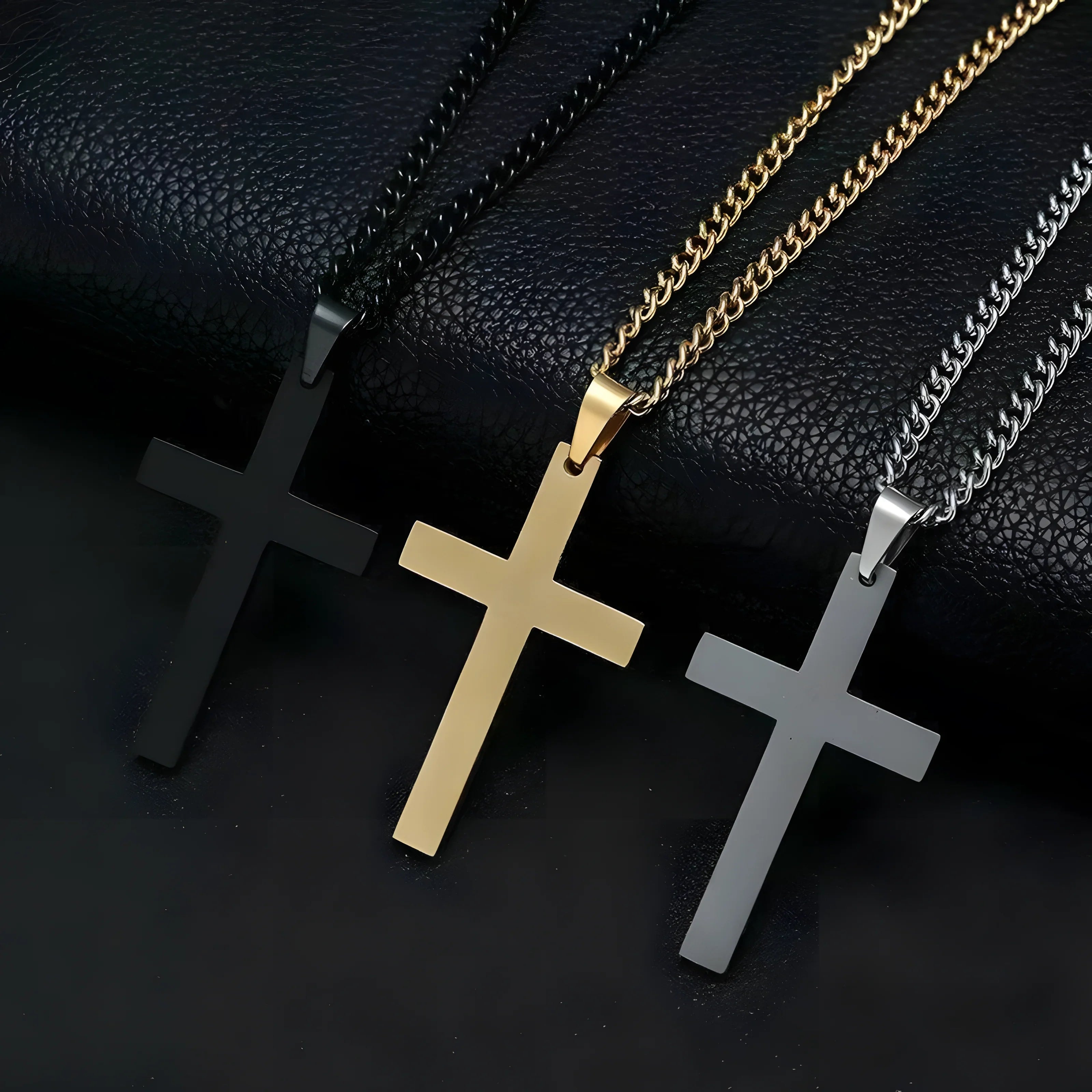 Titan Cross Necklace stainless steel pendant in black, gold, and silver minimalist style