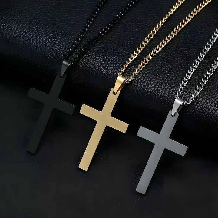 Titan Cross Necklace stainless steel pendant in black, gold, and silver minimalist style