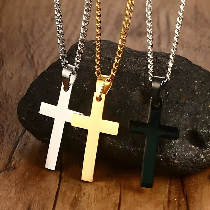 Titan Cross Necklace stainless steel cross pendant in silver, gold, and black minimalist style