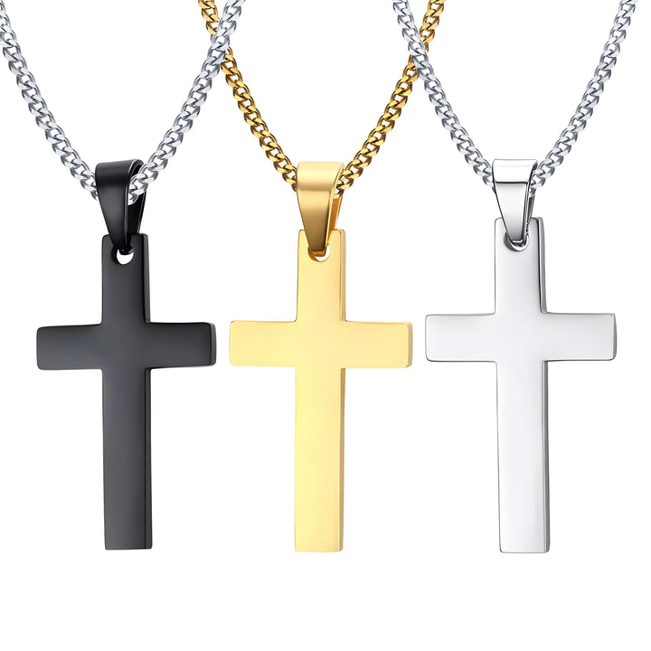 Titan Cross Necklace minimalist pendant in black, gold, and silver stainless steel on curb chains.