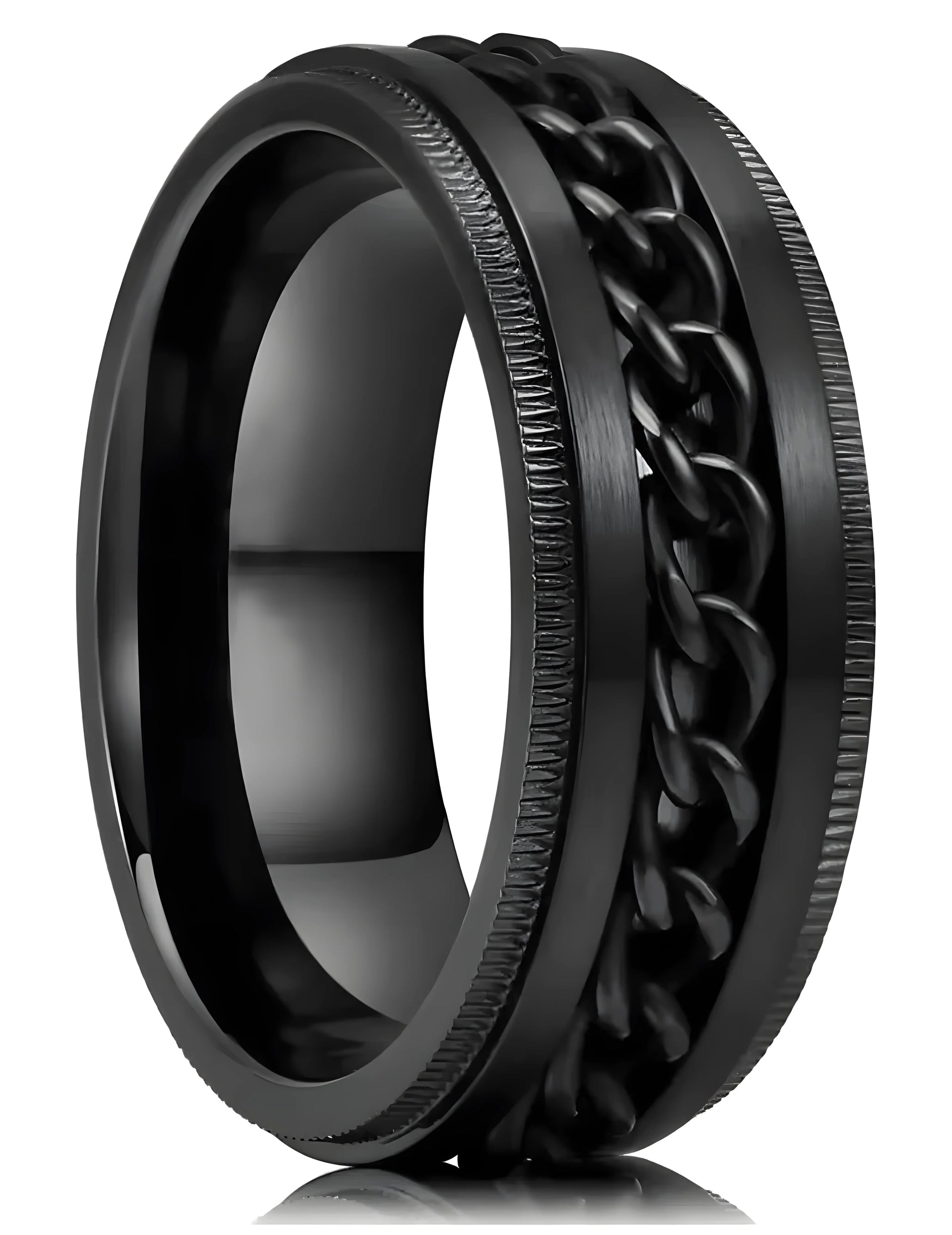 Black tungsten wedding band with braided chain design and textured edges, minimalist style