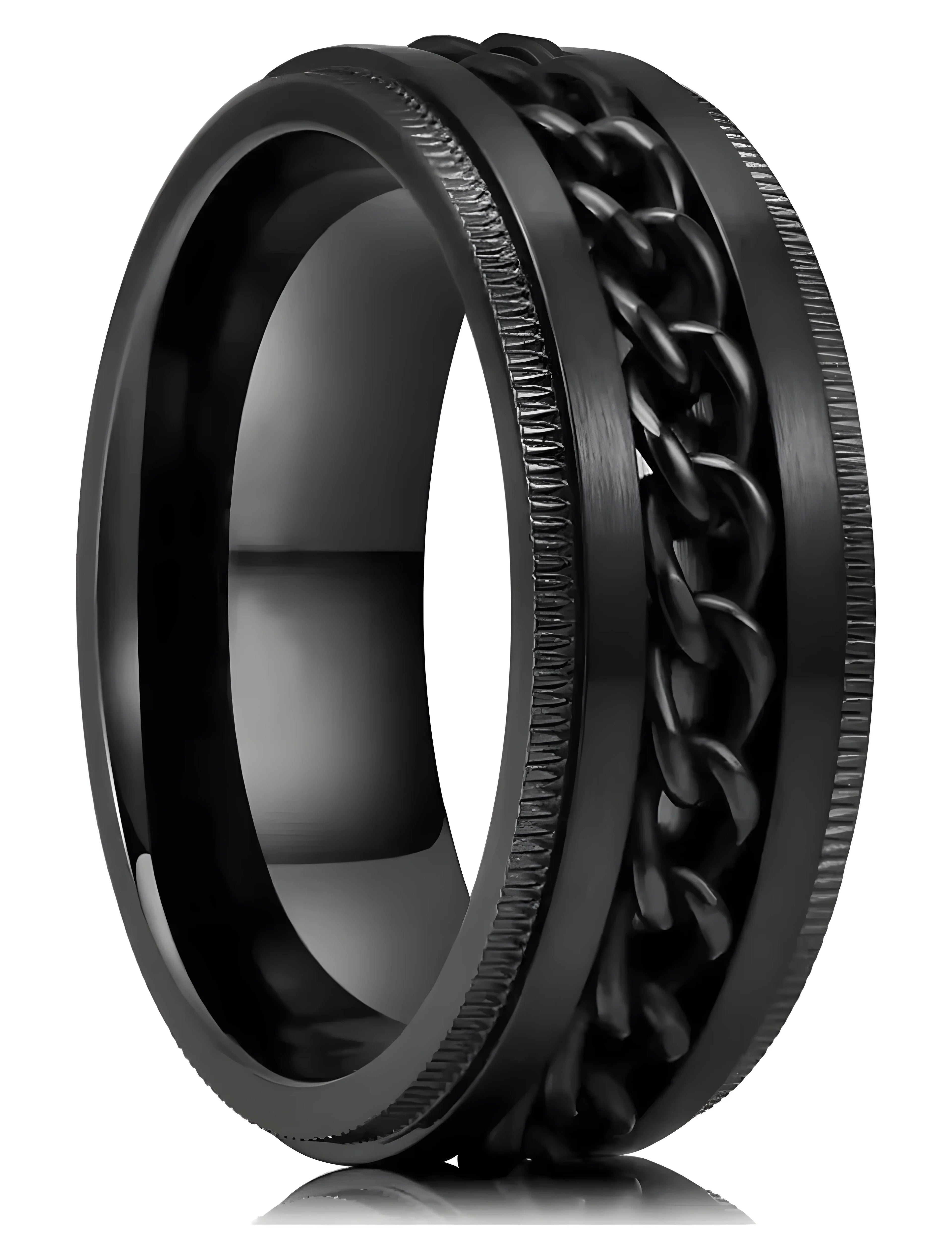 Black tungsten wedding band with braided chain design and textured edges, minimalist style