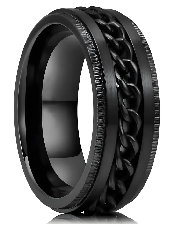 Black tungsten wedding band with braided chain design and textured edges, minimalist style