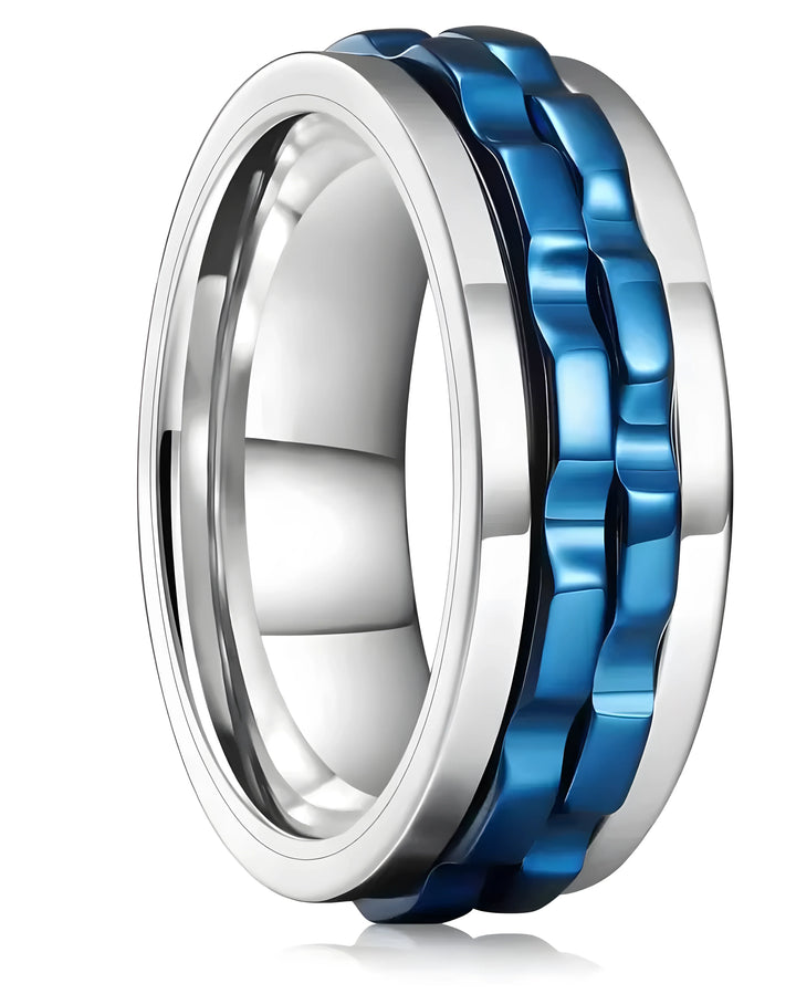 Blue and silver stainless steel ring with textured wave design, modern minimalist style