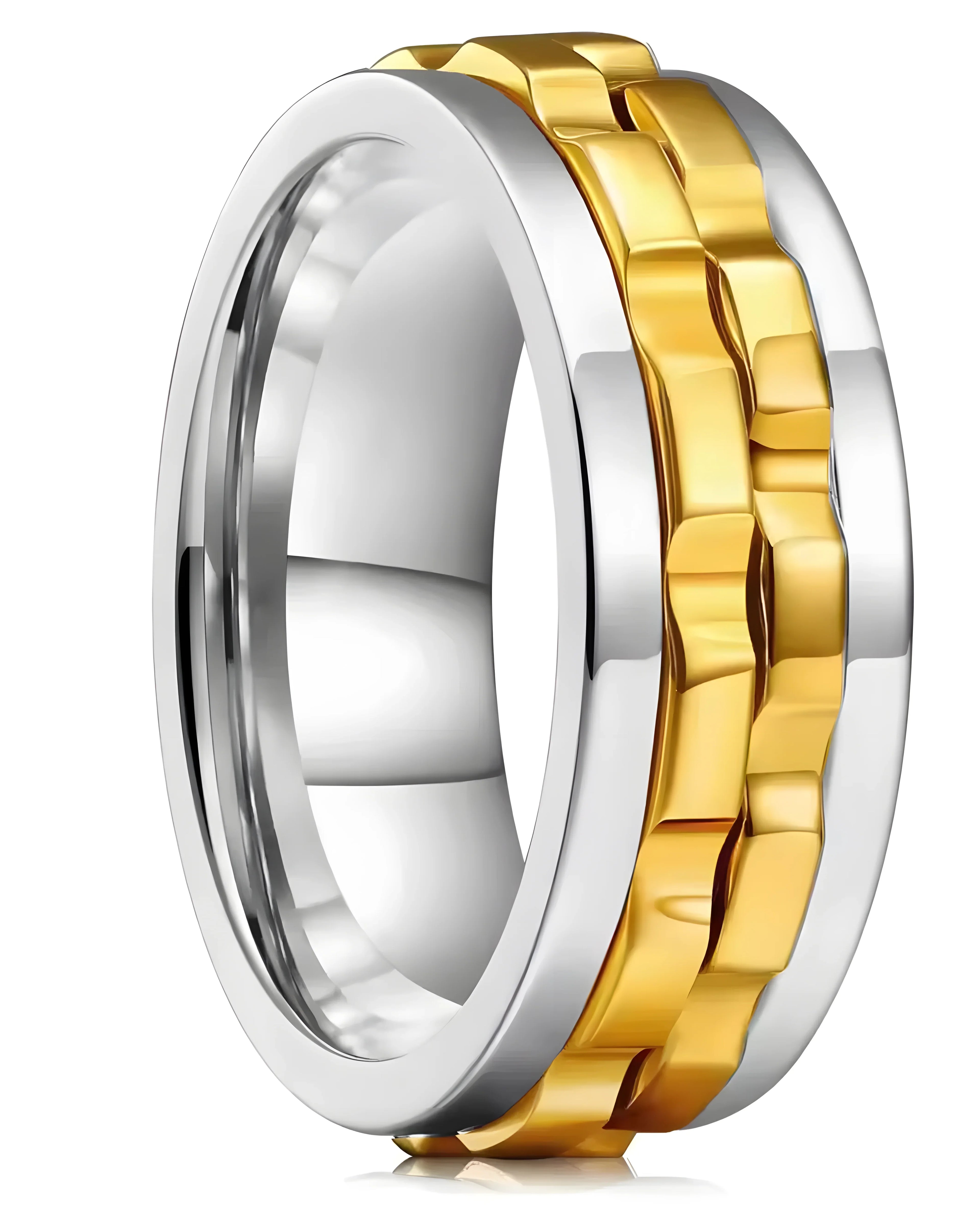 Two-tone gold and silver wedding band with textured gold center, sleek modern design