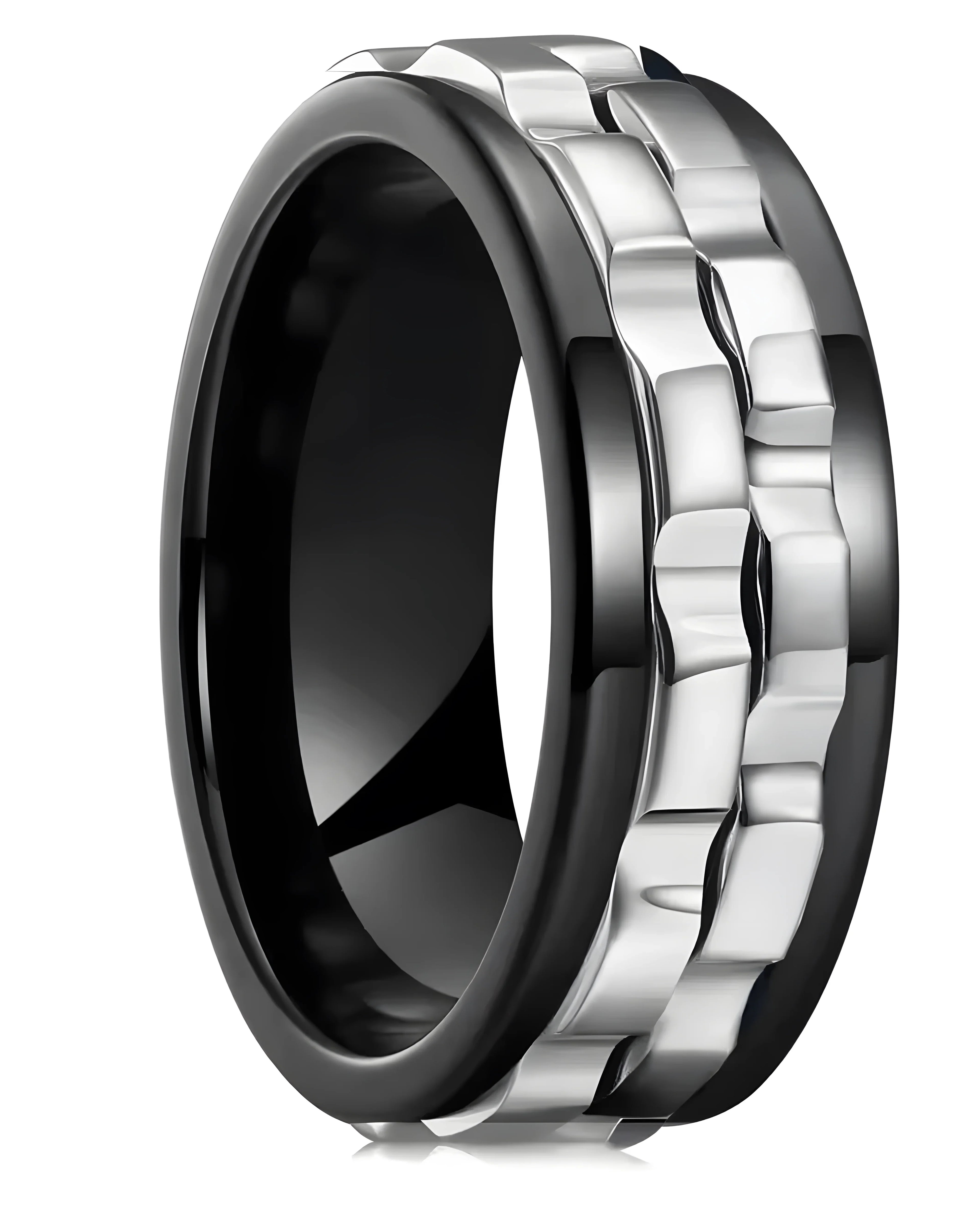 Black and silver tungsten wedding ring with textured band, modern minimalist style