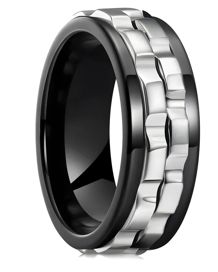 Black and silver tungsten wedding ring with textured band, modern minimalist style