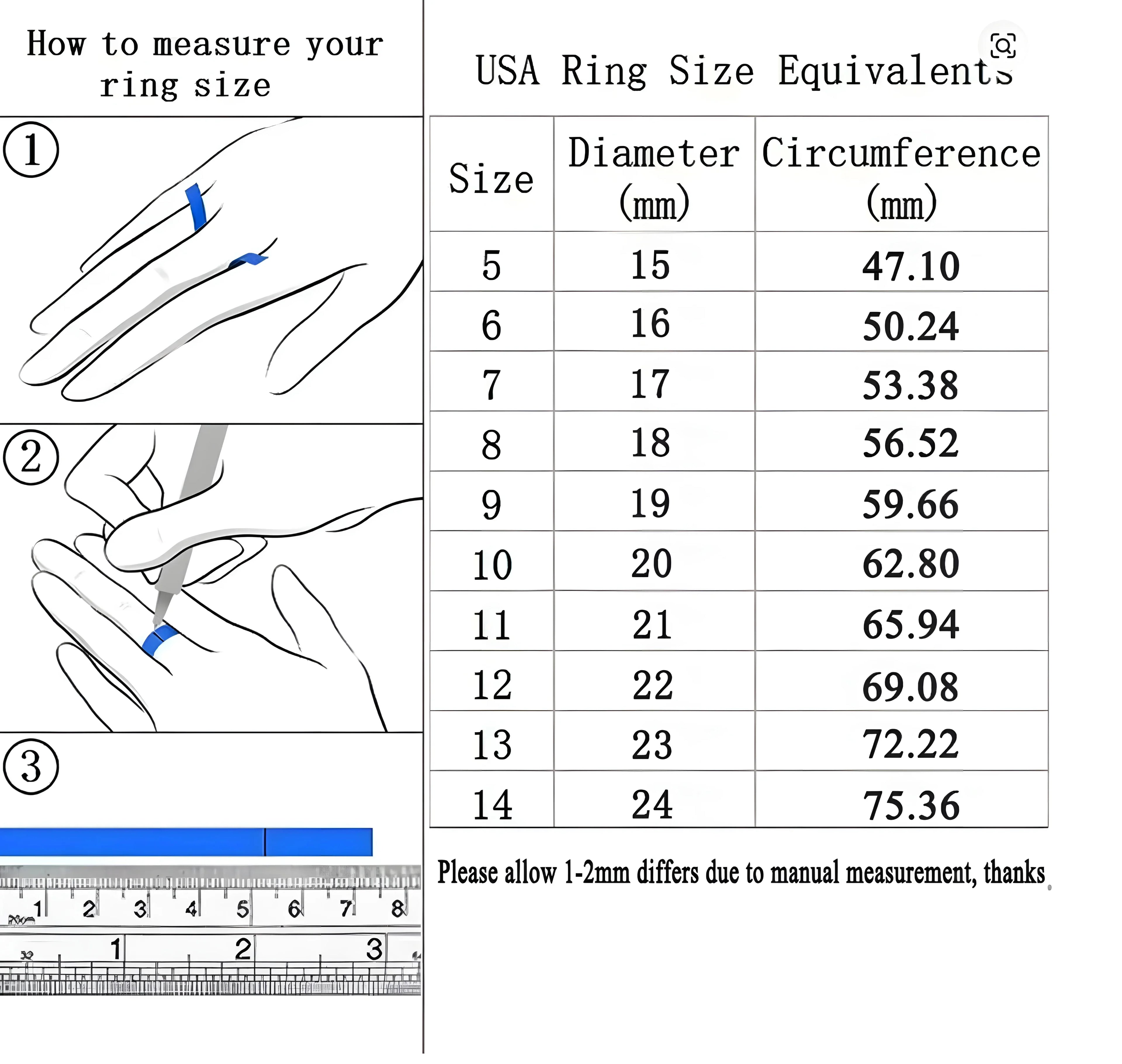 Ring size chart with measurement guide and USA size equivalents for accurate jewelry fitting