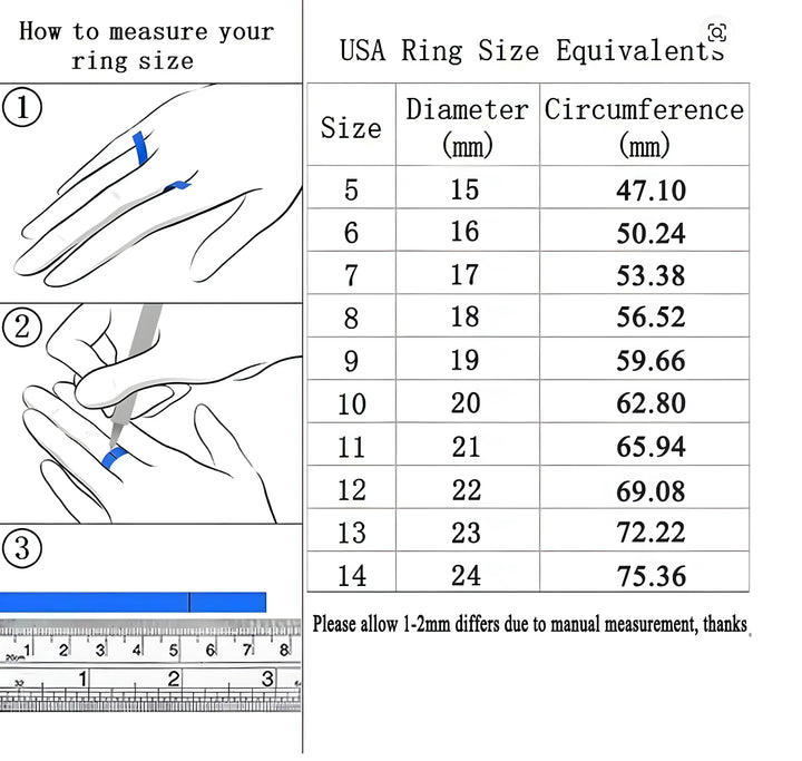Ring size chart with measurement guide and USA size equivalents for accurate jewelry fitting