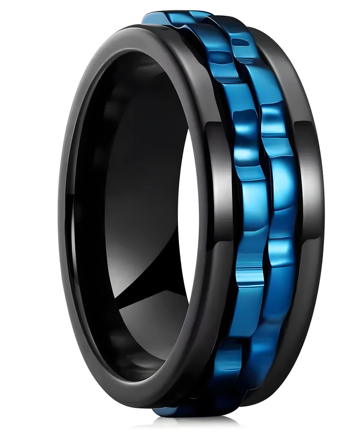 Black tungsten wedding ring with blue inlay, modern men's band, sleek design