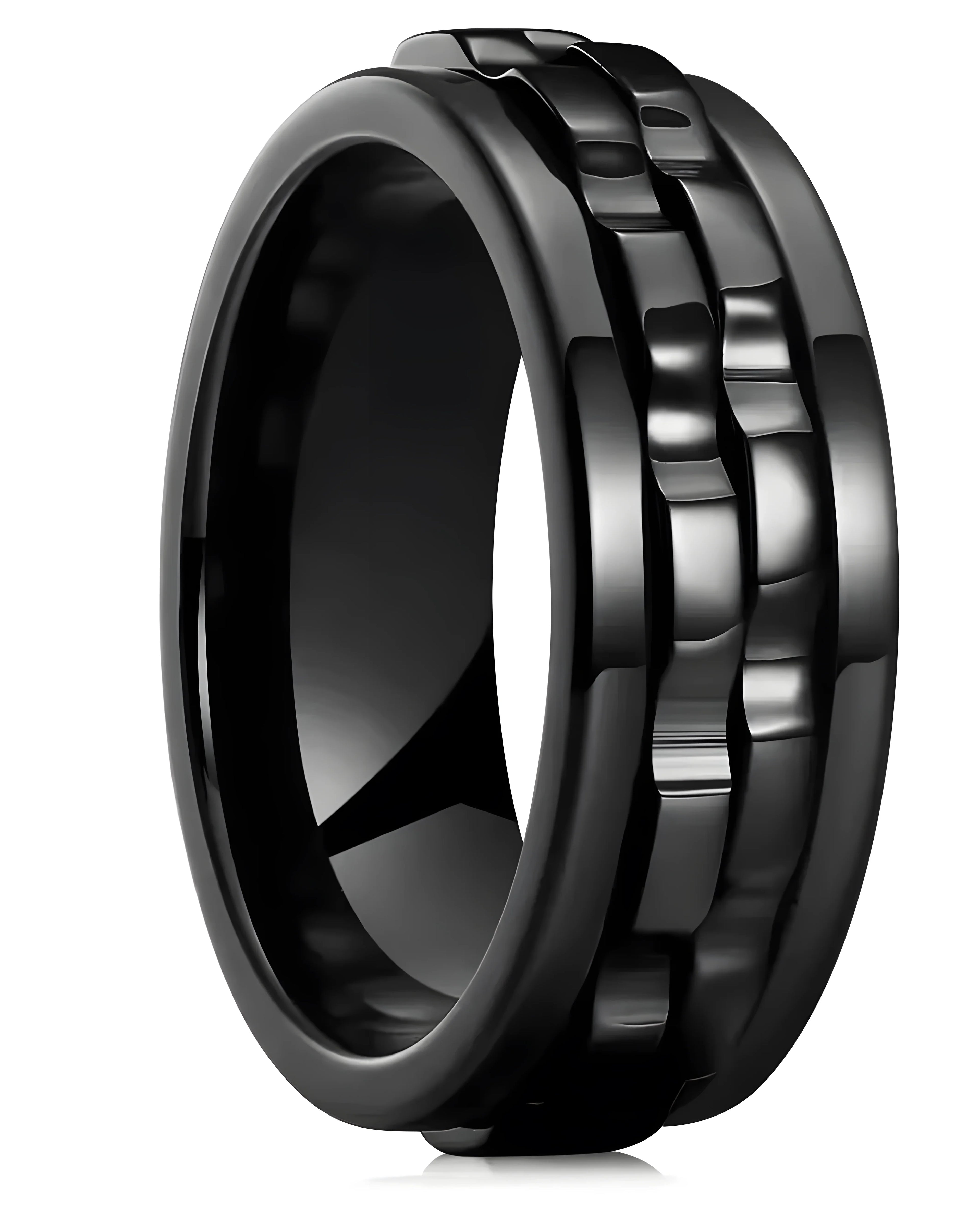 Black ceramic ring with textured design, modern minimalist style