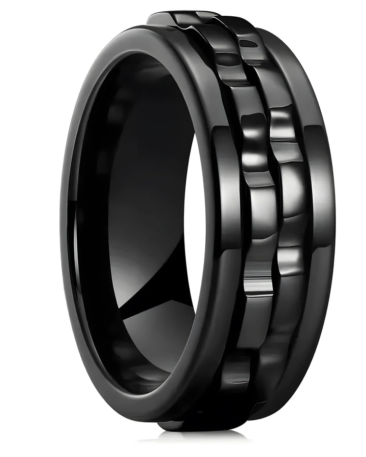 Black ceramic ring with textured design, modern minimalist style