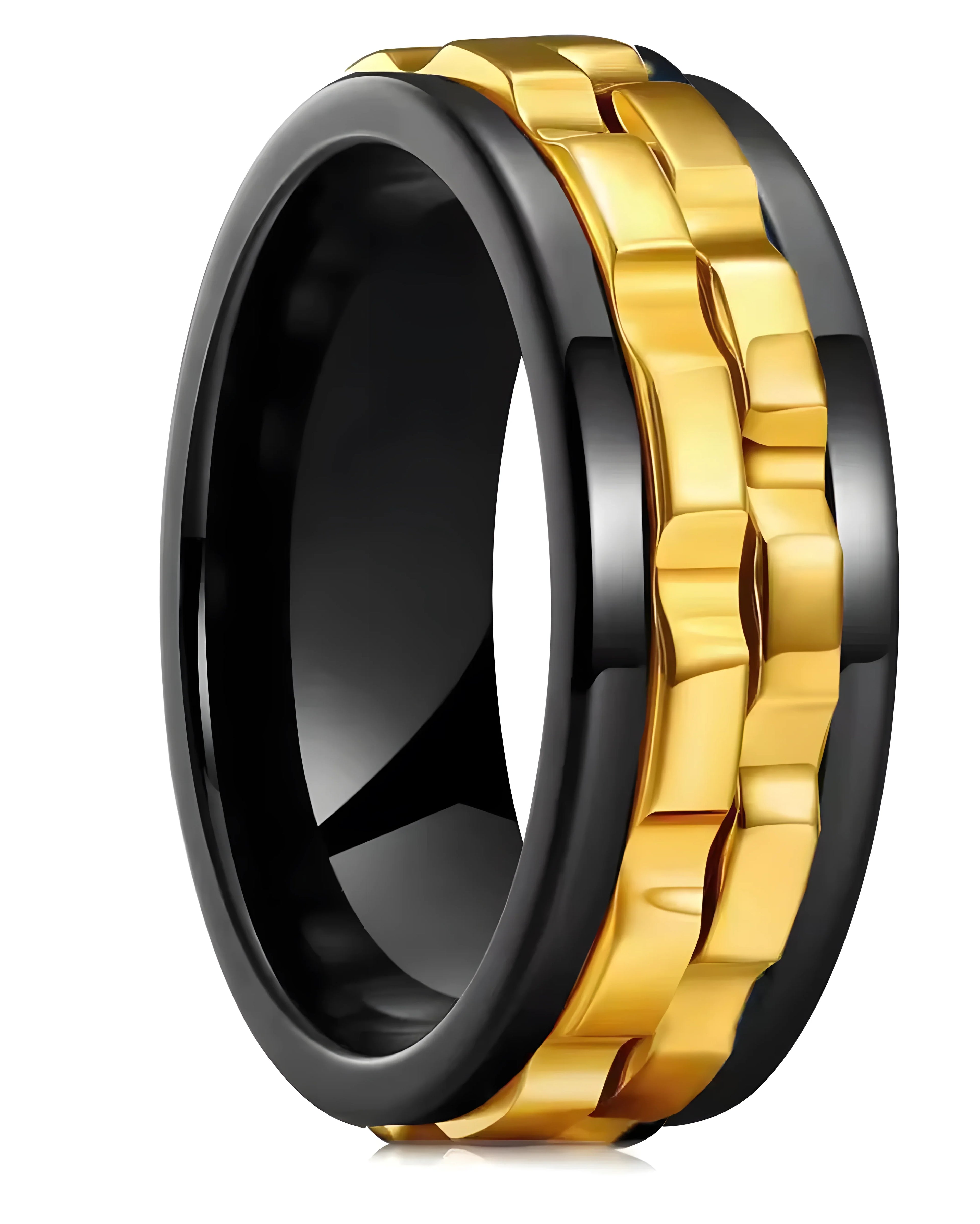 Black and gold two-tone wedding band with textured design, crafted for timeless elegance.