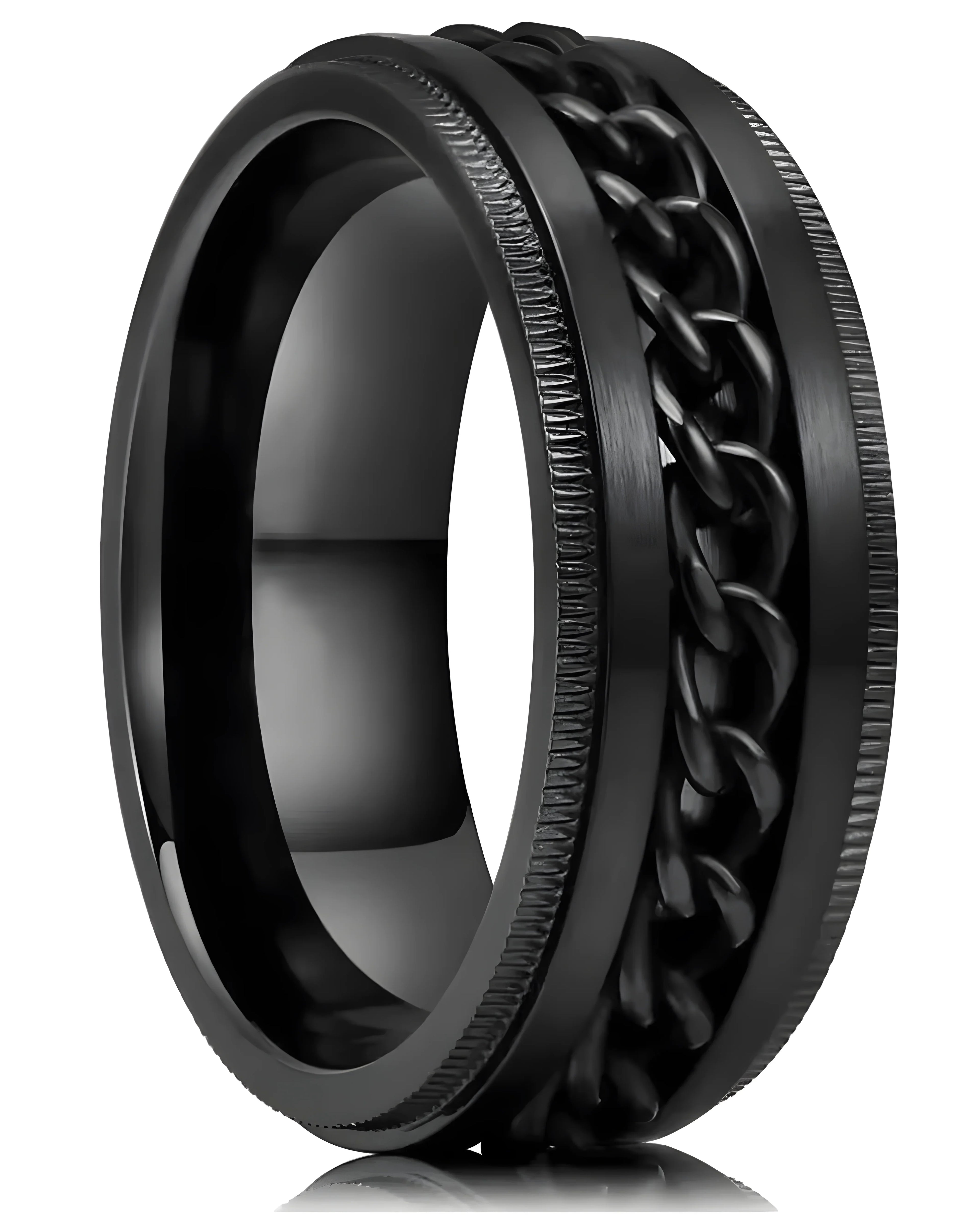 Black tungsten wedding band with braided chain design and textured edges, minimalist style