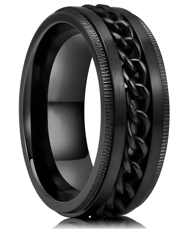 Black tungsten wedding band with braided chain design and textured edges, minimalist style