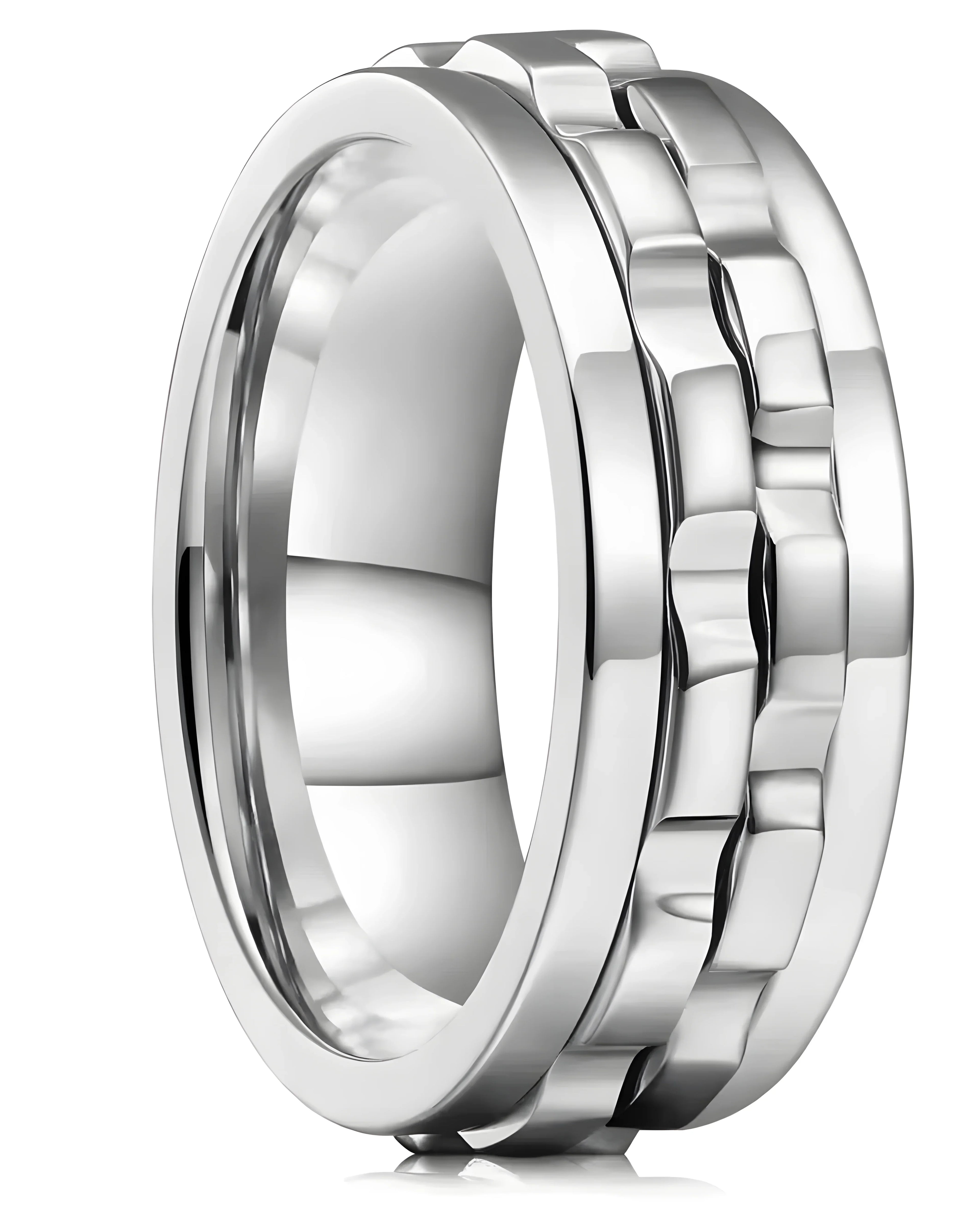 Silver wedding band with interlocking design, minimalist style, polished finish
