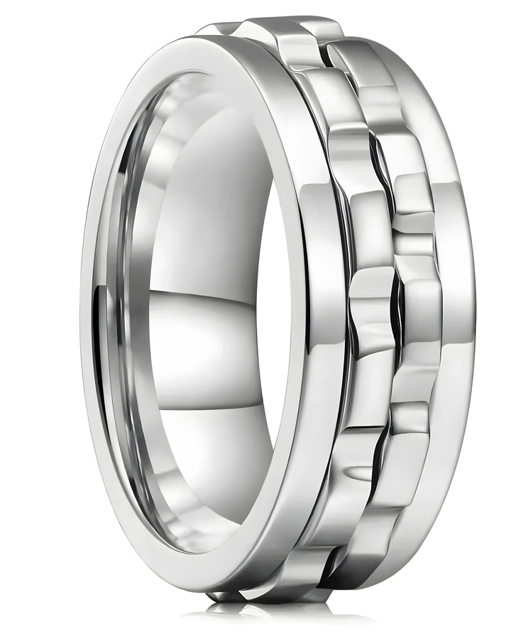 Silver wedding band with interlocking design, minimalist style, polished finish