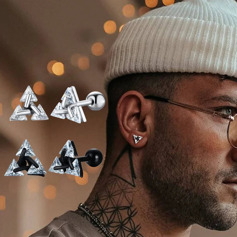 Elevate Your Style with Triangle Crystal Zircon Stud Earrings for Men - Stainless Steel Geometric Minimalist Design