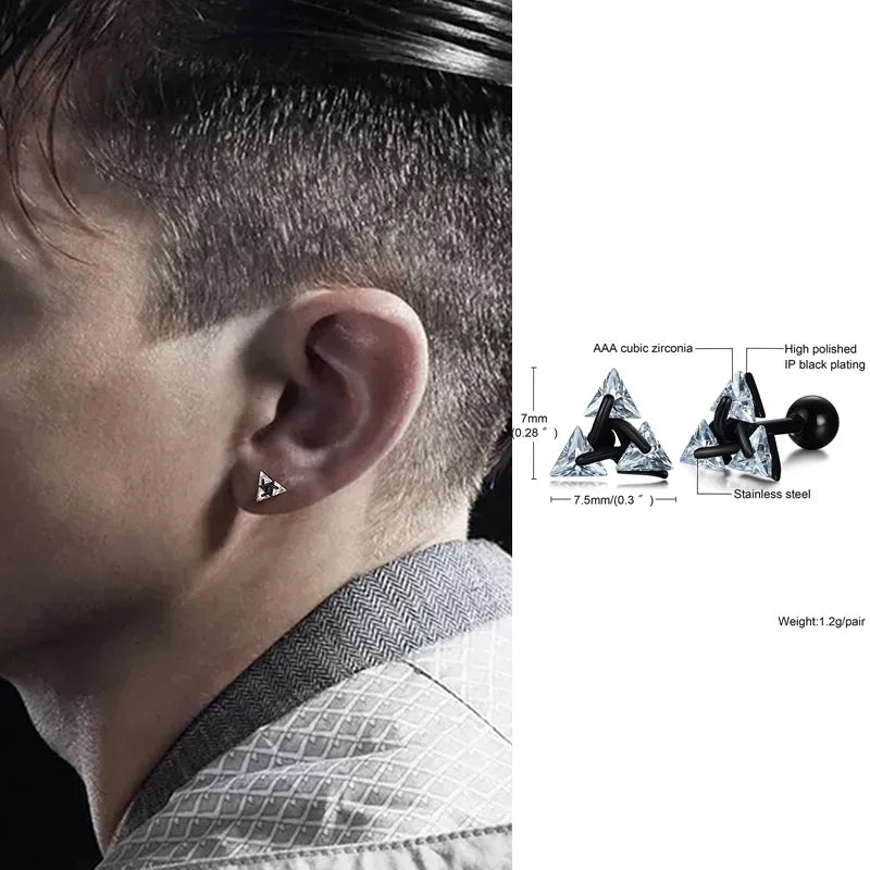 Elevate Your Style with Triangle Crystal Zircon Stud Earrings for Men - Stainless Steel Geometric Minimalist Design