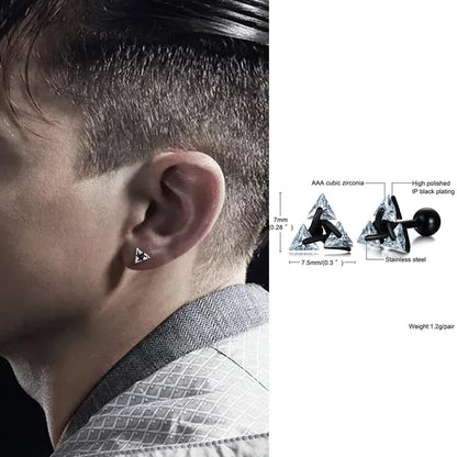 Elevate Your Style with Triangle Crystal Zircon Stud Earrings for Men - Stainless Steel Geometric Minimalist Design