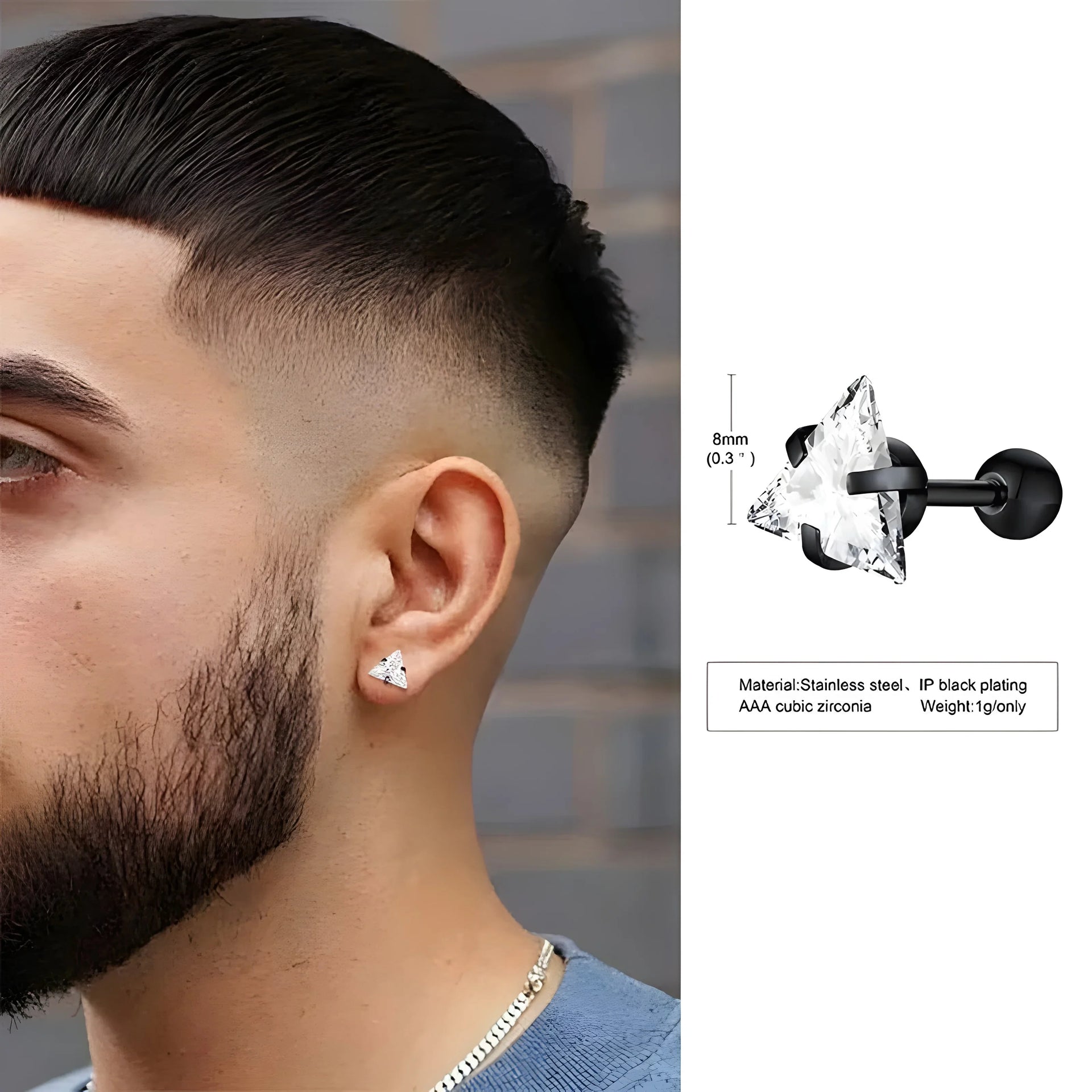 Men's black triangle stud earring with AAA cubic zirconia, stainless steel, minimalist style