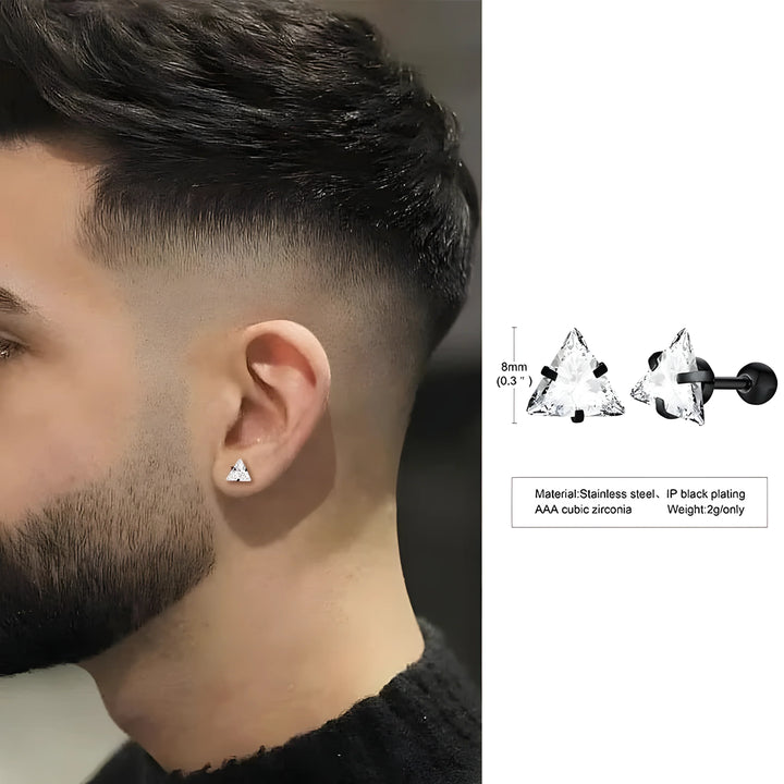 Triangle stud earrings, black IP plated stainless steel with AAA cubic zirconia, minimalist men's jewelry