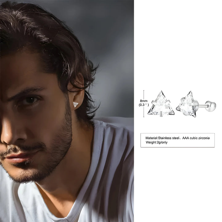 Triangle stud earring, stainless steel with AAA cubic zirconia, silver tone, minimalist men's jewelry