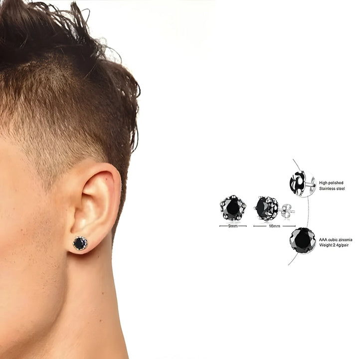 Black cubic zirconia stud earrings in stainless steel, 9mm & 16mm, minimalist men's jewelry