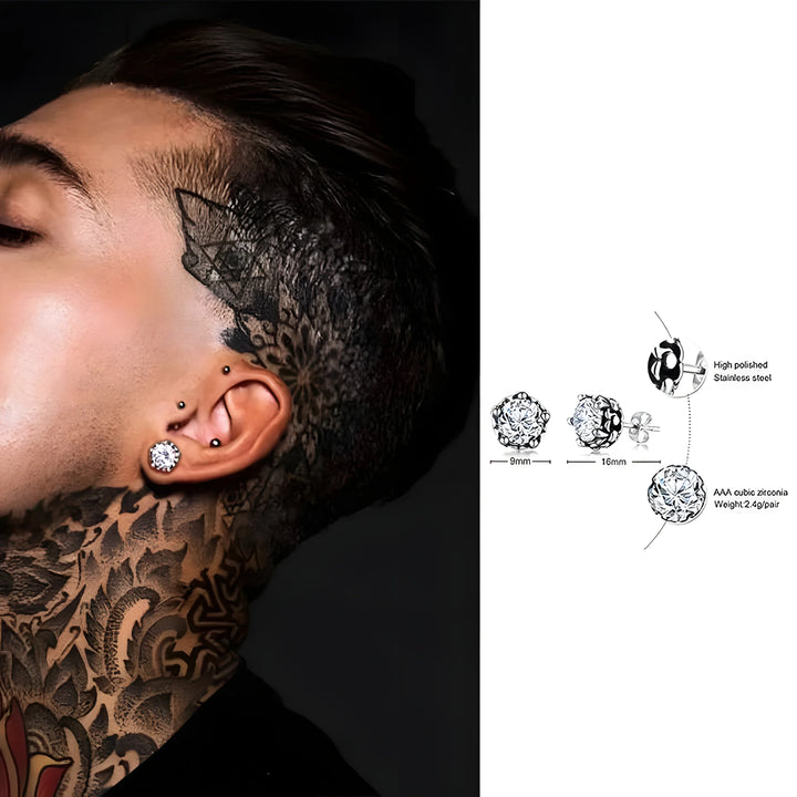 Men's stainless steel stud earrings with AAA cubic zirconia, 9mm or 16mm, minimalist style