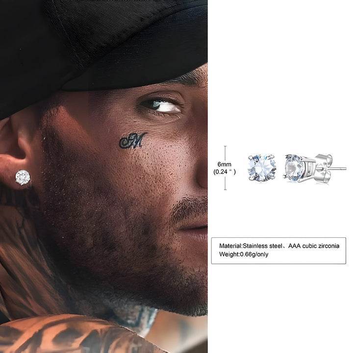 Men's stainless steel stud earrings with AAA cubic zirconia, 6mm, silver tone, minimalist style
