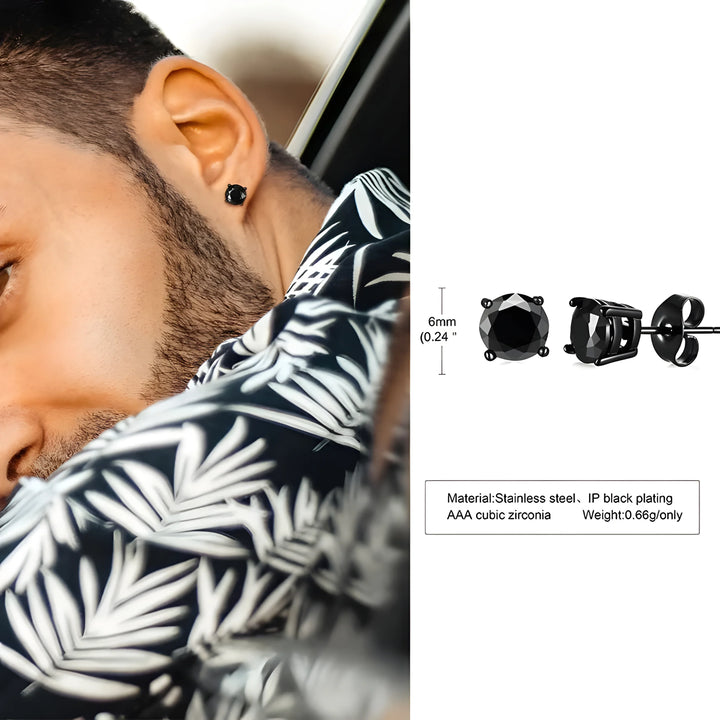 Black stud earrings with AAA cubic zirconia, stainless steel, IP black plating, 6mm, minimalist style