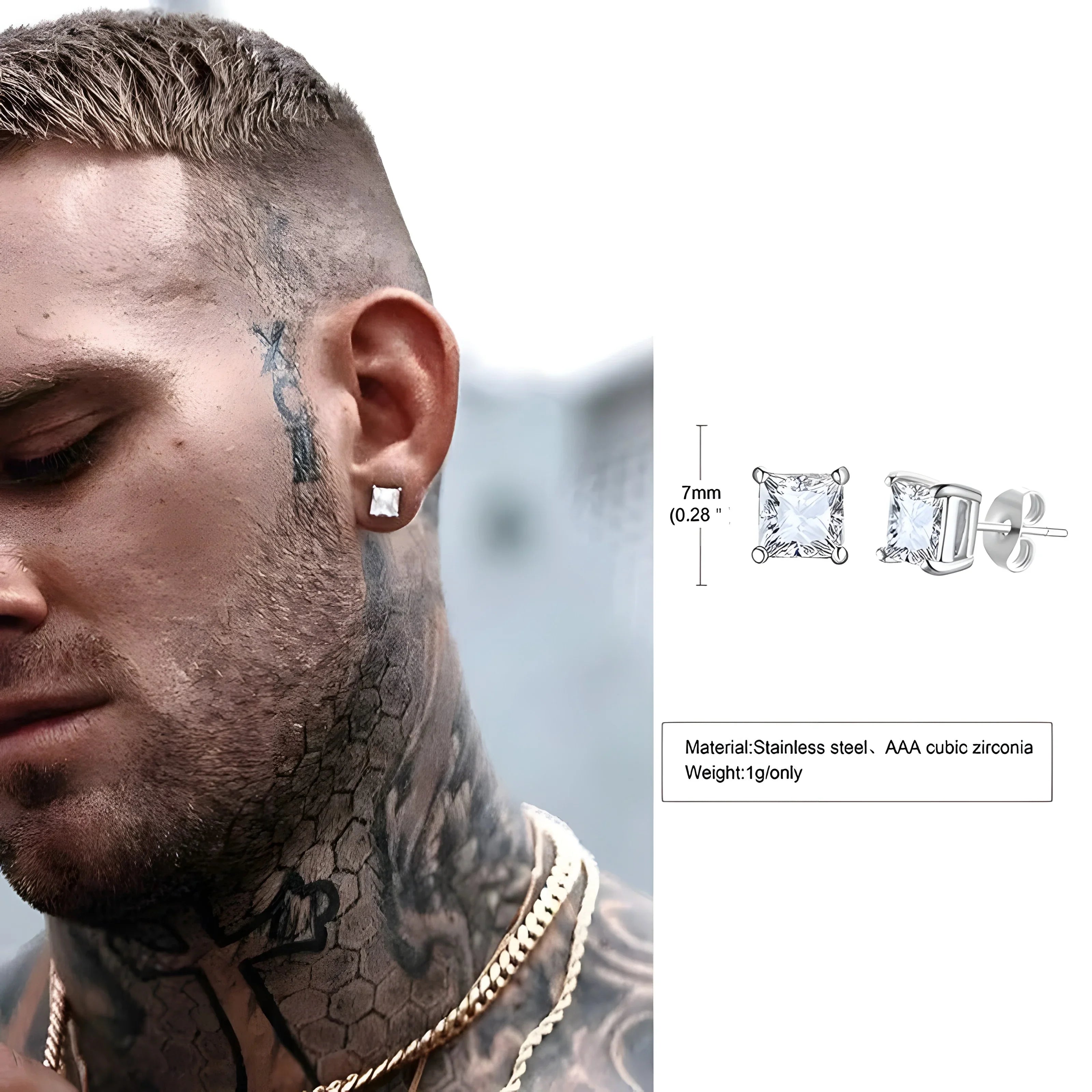 Square stud earring, stainless steel with AAA cubic zirconia, 7mm, minimalist men's jewelry