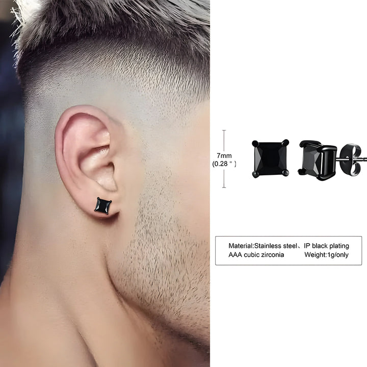 Black square stud earring, stainless steel with AAA cubic zirconia, minimalist men's jewelry