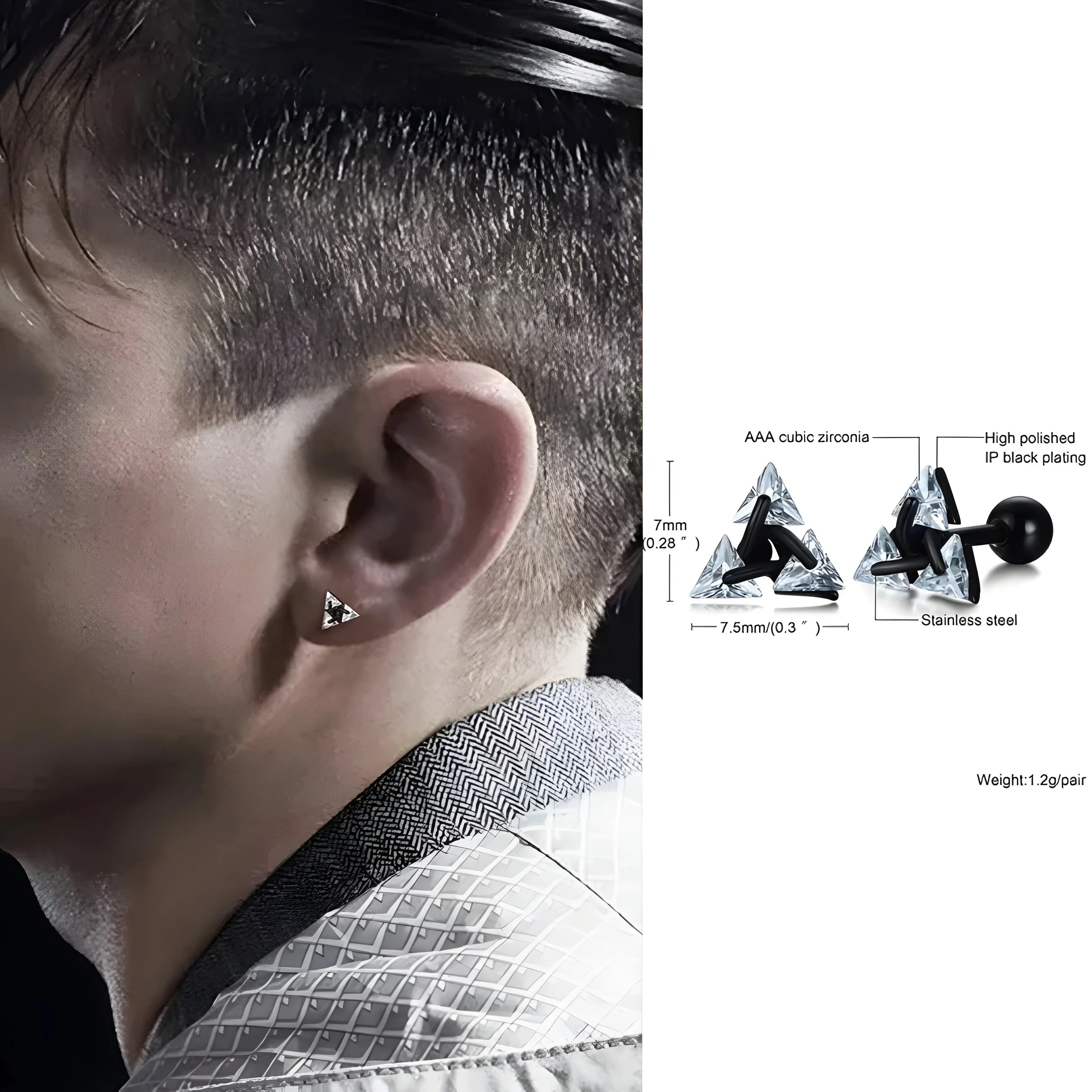 Black triangle stud earrings with AAA cubic zirconia, stainless steel, minimalist style