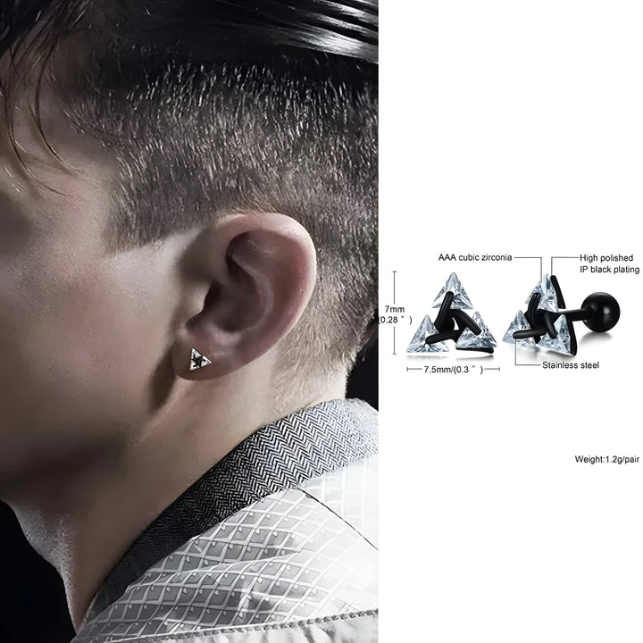 Black triangle stud earrings with AAA cubic zirconia, stainless steel, minimalist style