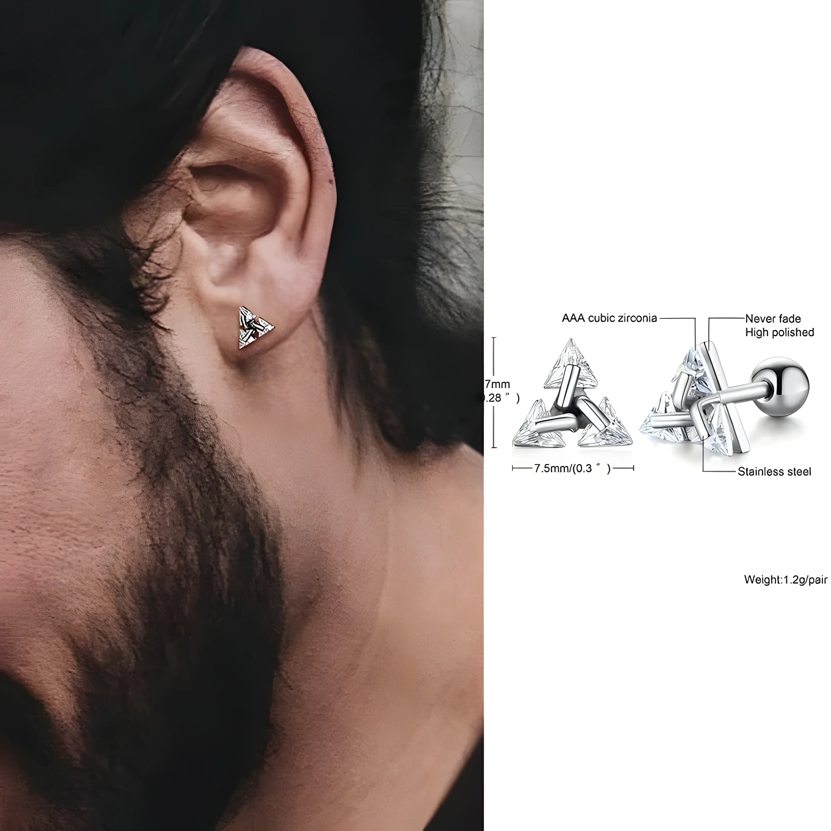 Triangle stud earrings with AAA cubic zirconia, stainless steel, silver tone, minimalist geometric style