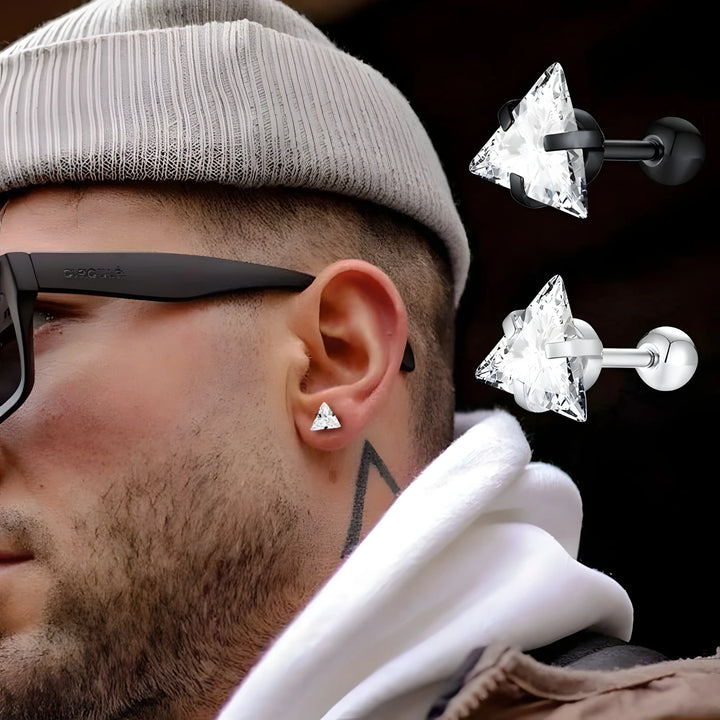 Triangle crystal stud earrings in black and silver, minimalist style for everyday wear