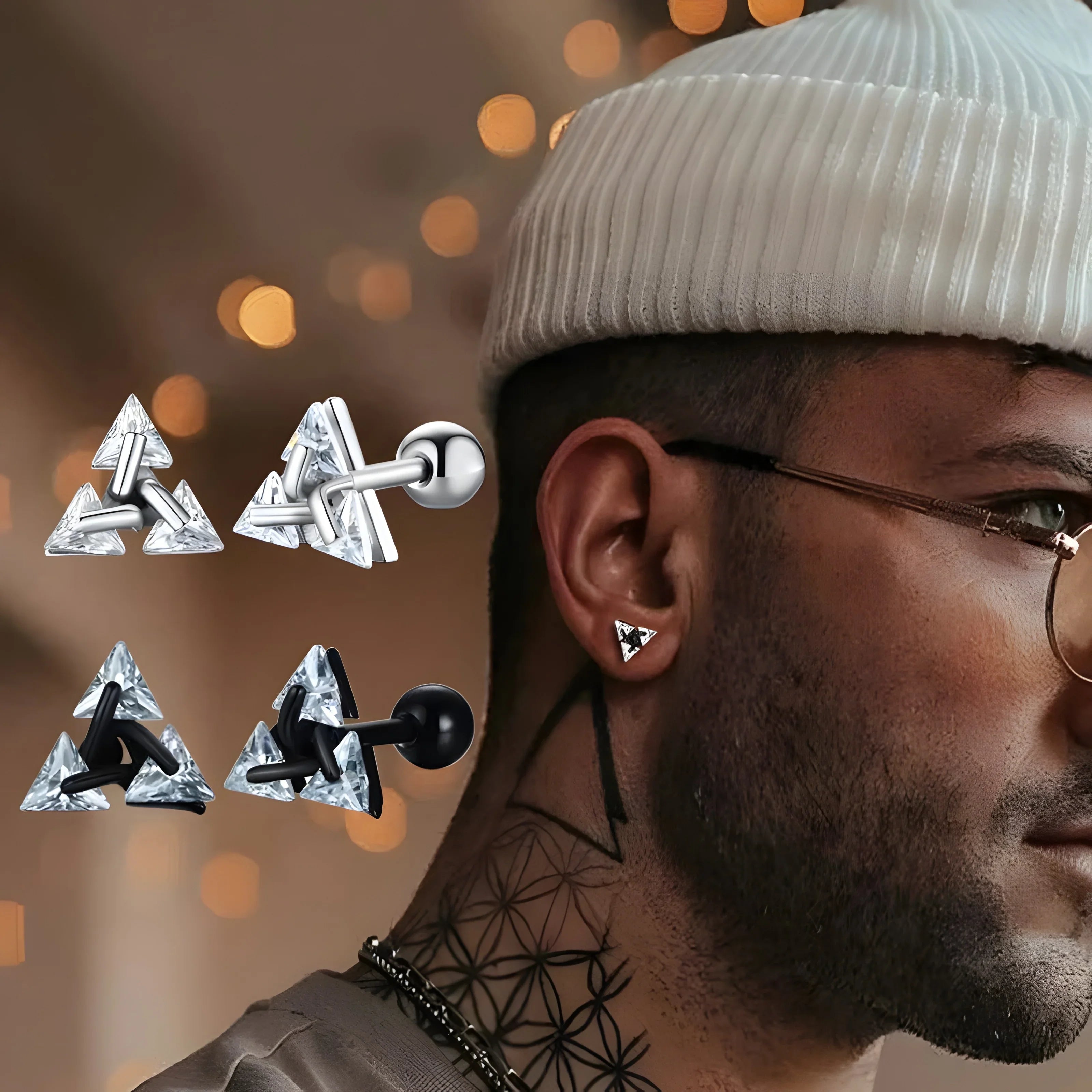 Triangle stud earrings in silver and black, featuring crystal accents and minimalist design for men.