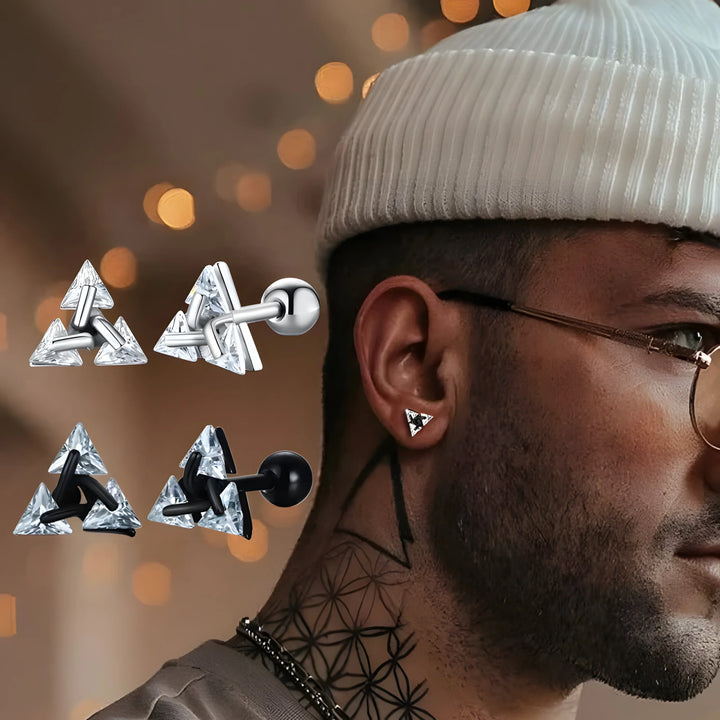 Triangle stud earrings in silver and black, featuring crystal accents and minimalist design for men.