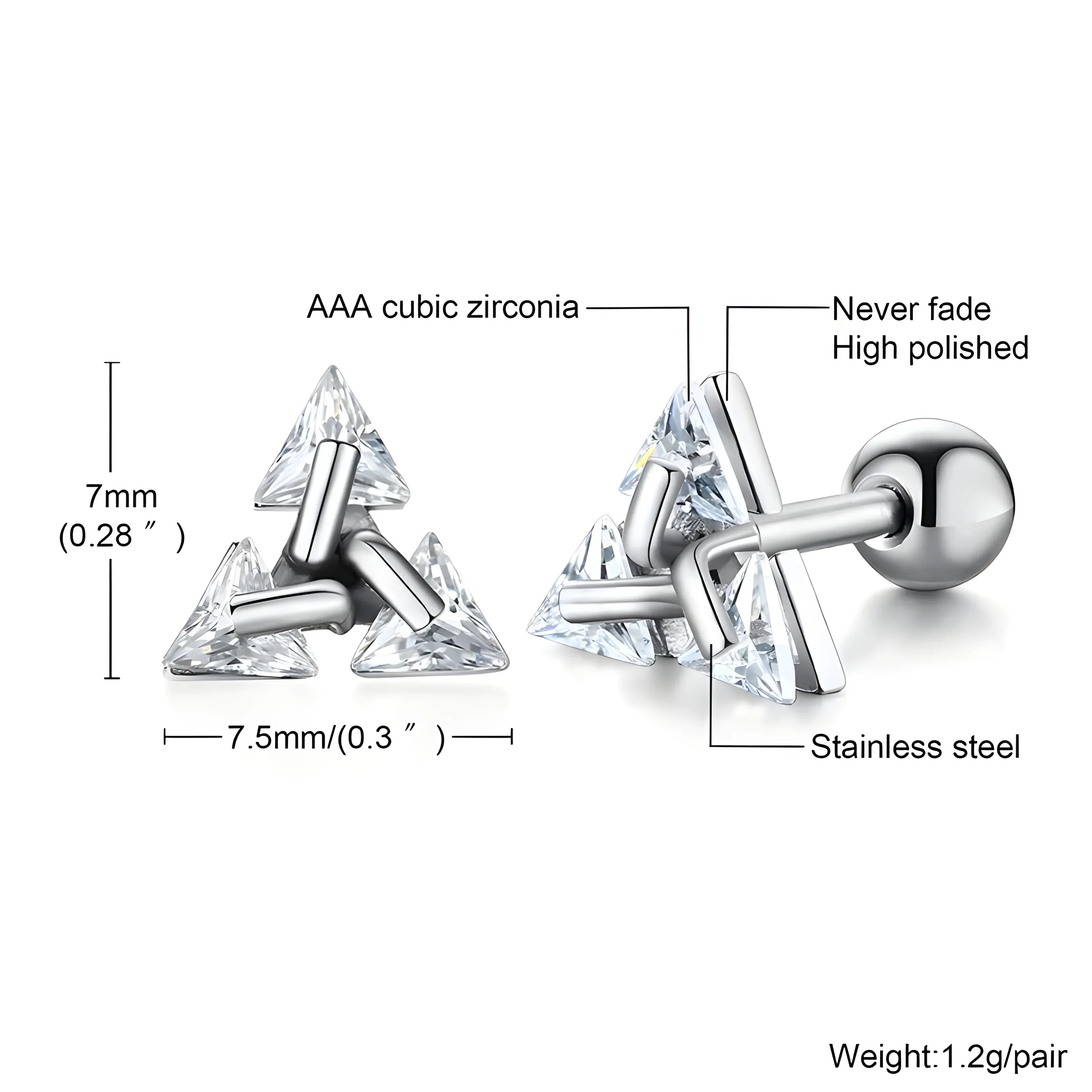 Triangle stud earrings with AAA cubic zirconia, stainless steel, silver tone, minimalist design