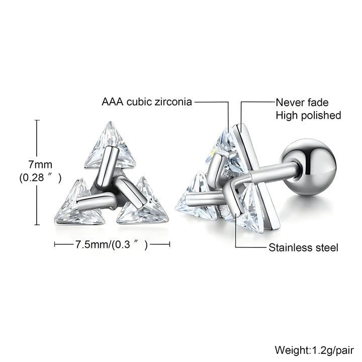 Triangle stud earrings with AAA cubic zirconia, stainless steel, silver tone, minimalist design