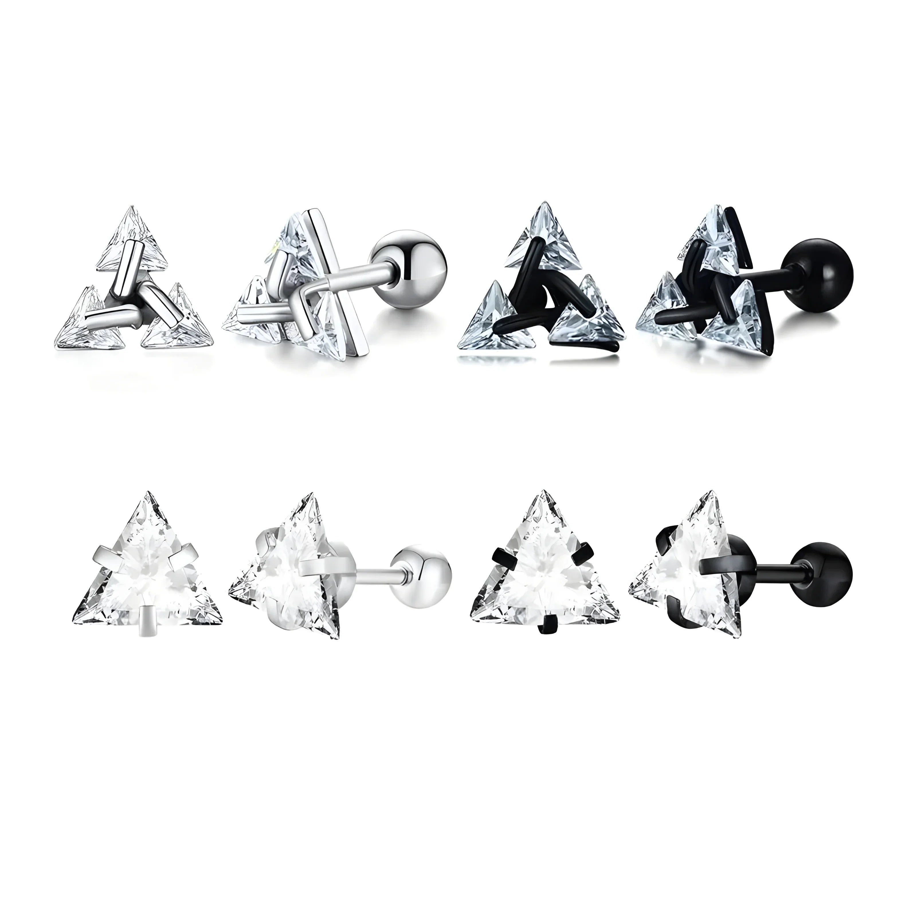 Minimalist triangle stud earrings in silver and black, featuring clear crystal gems, modern geometric style