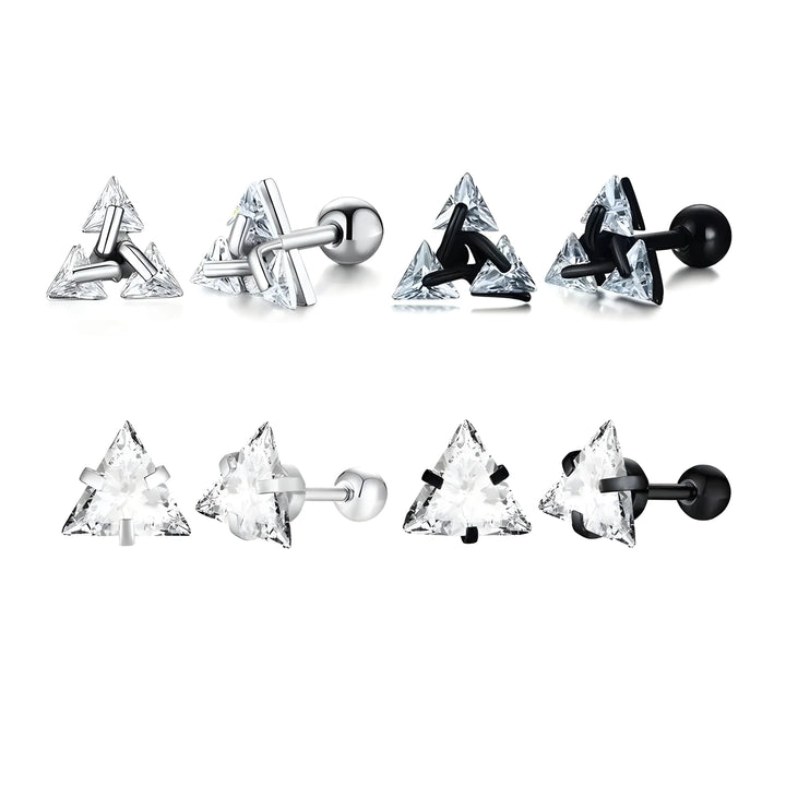 Minimalist triangle stud earrings in silver and black, featuring clear crystal gems, modern geometric style