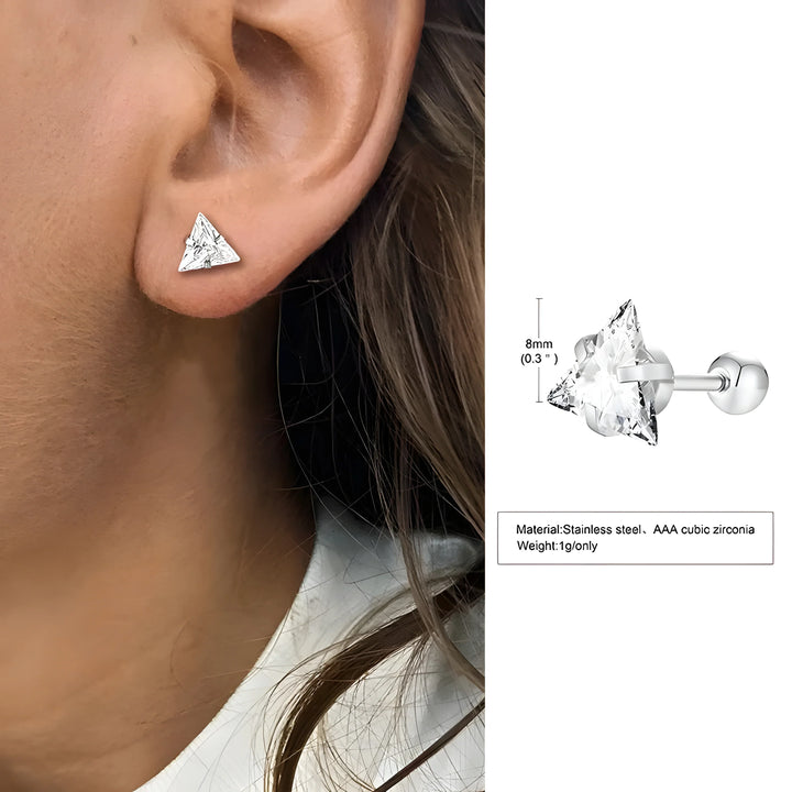 Triangle stud earring with AAA cubic zirconia, stainless steel, silver tone, minimalist style