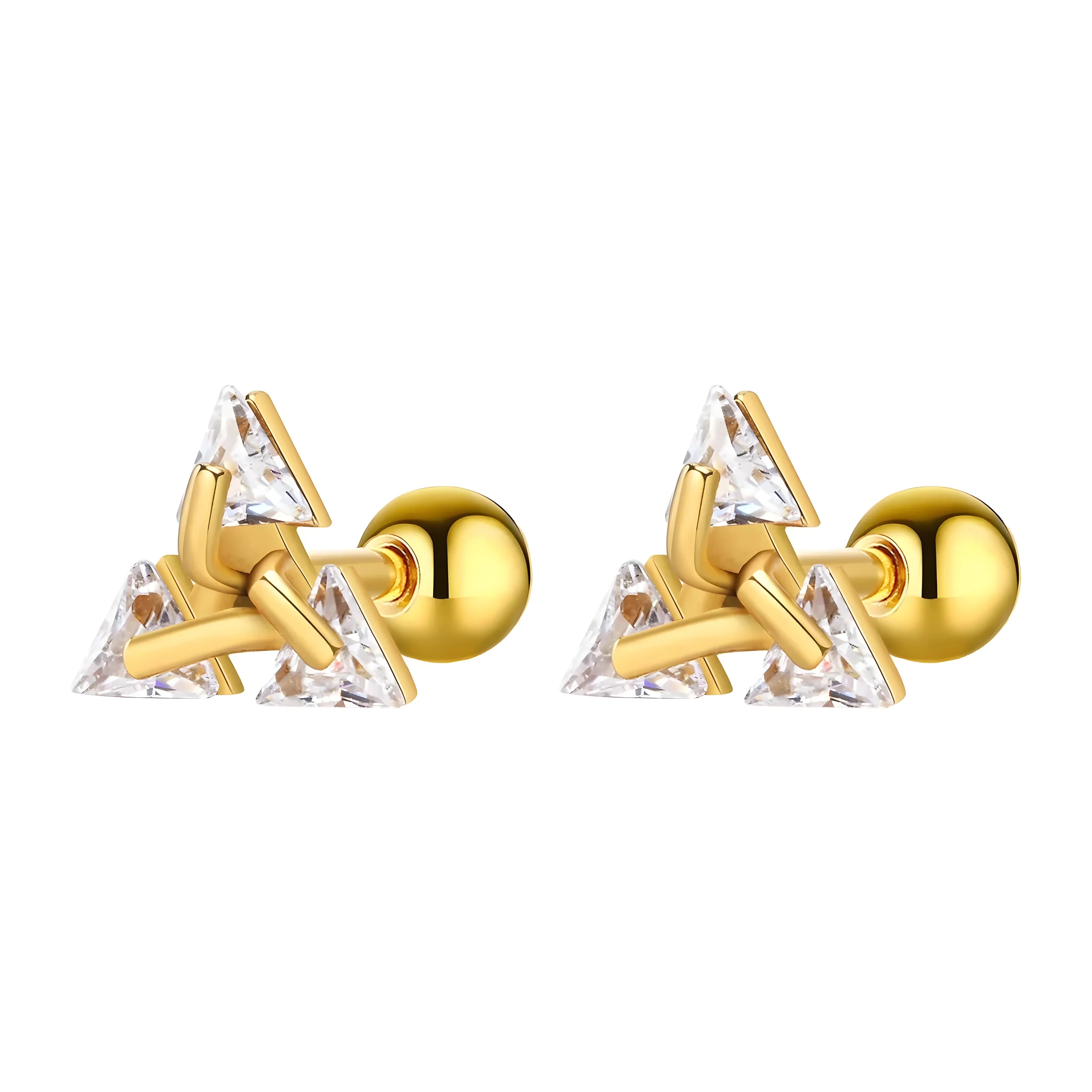 Gold triangle stud earrings with clear crystals, minimalist geometric style