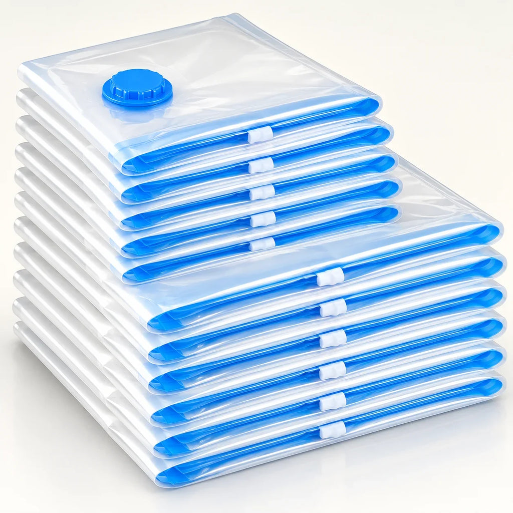 Clear plastic vacuum storage bags with blue valve for space-saving organization in home, closet, or travel