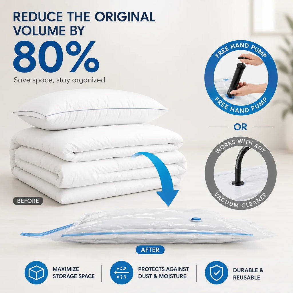 Clear vacuum storage bag compressing white bedding, reduces volume 80%, protects against dust moisture, reusable