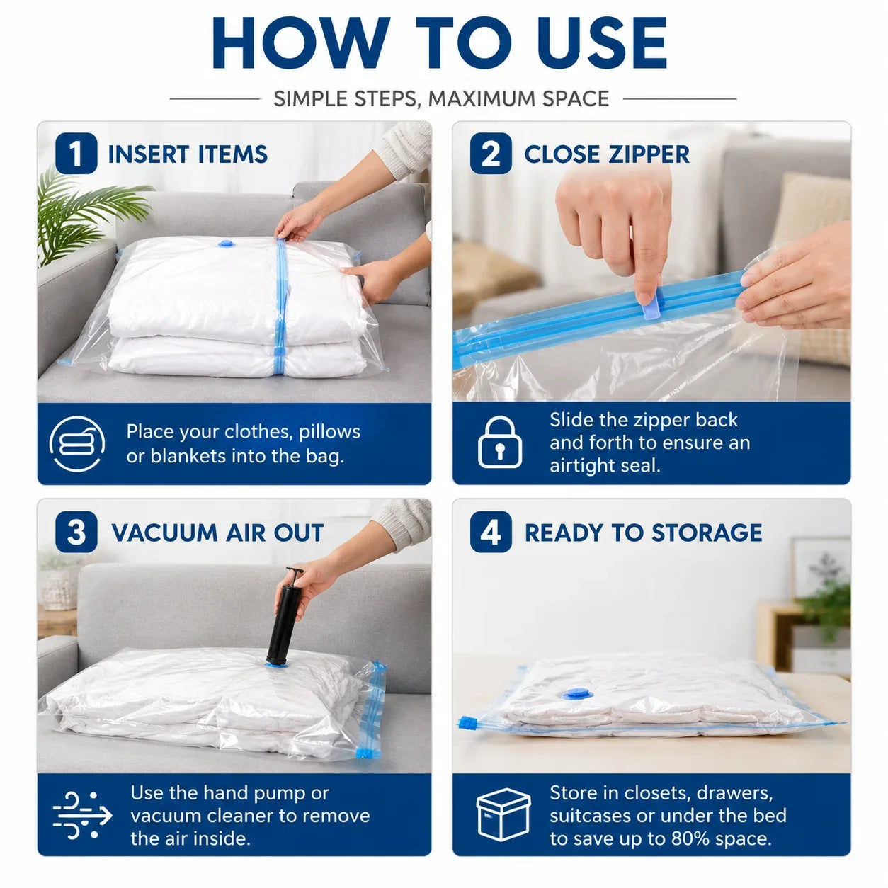 Clear vacuum storage bag with blue zipper for clothes, pillows, blankets; compresses with hand pump to save space in closets or under bed